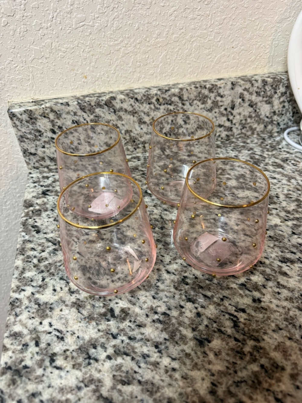 Pink Stemless Wine Glasses with Gold Dots and Rim - Set of 4